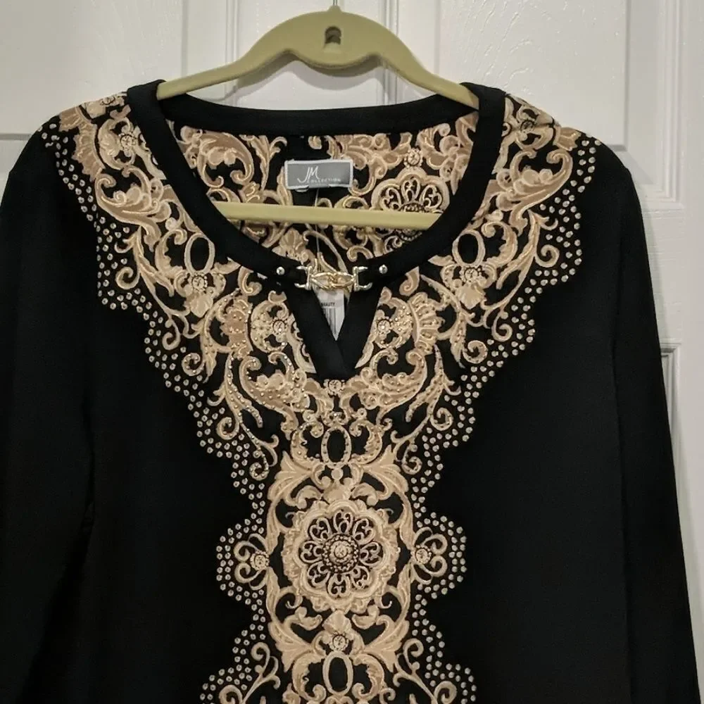 JM Collection gold black design top Sz XL NWT